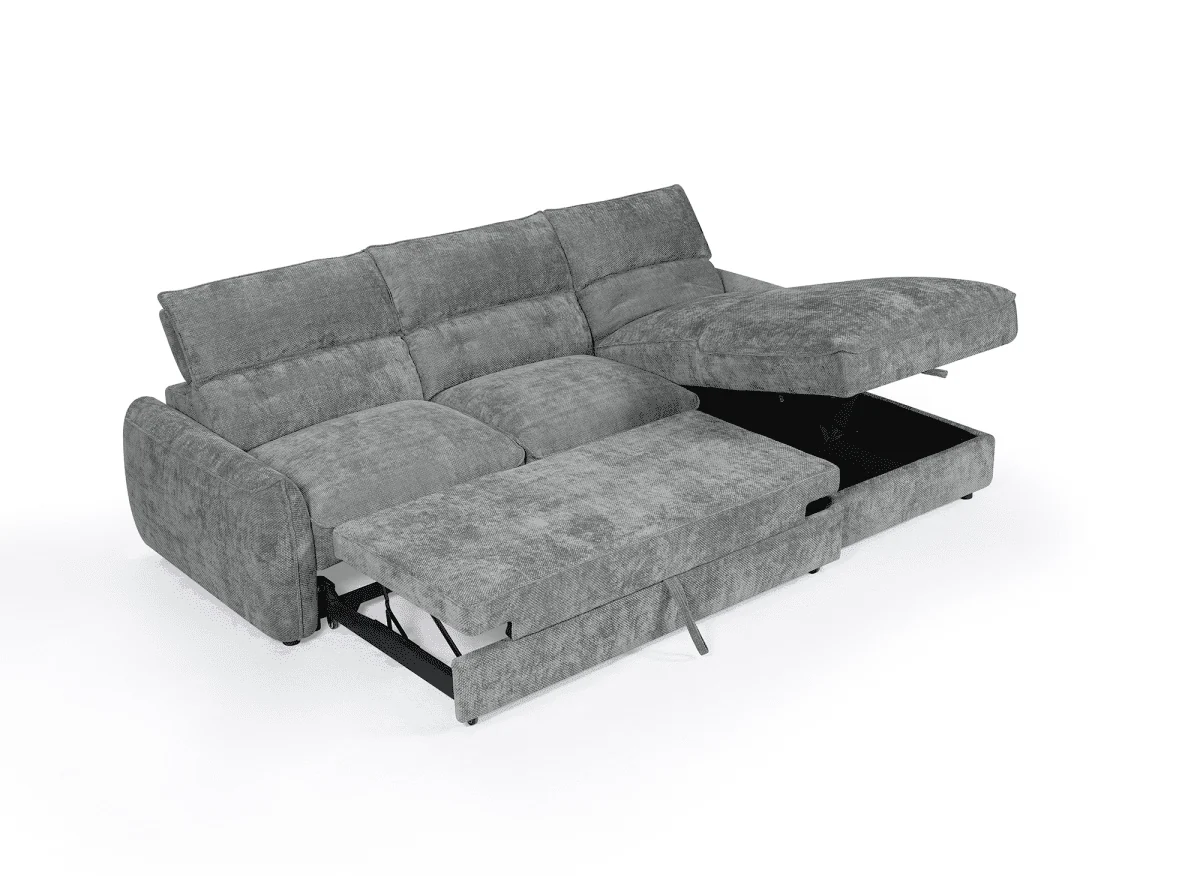 Canapé d'angle convertible avec coffre de rangement en velours chiné gris SAMINA - Angle droit - Image 4