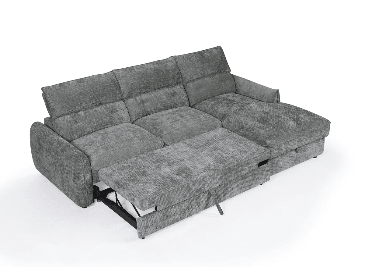 Canapé d'angle convertible avec coffre de rangement en velours chiné gris SAMINA - Angle droit - Image 6