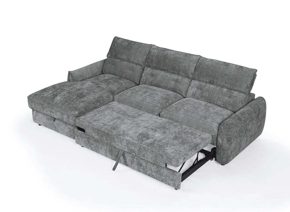 Canapé d'angle convertible avec coffre de rangement en velours chiné gris SAMINA - Angle gauche - Image 6