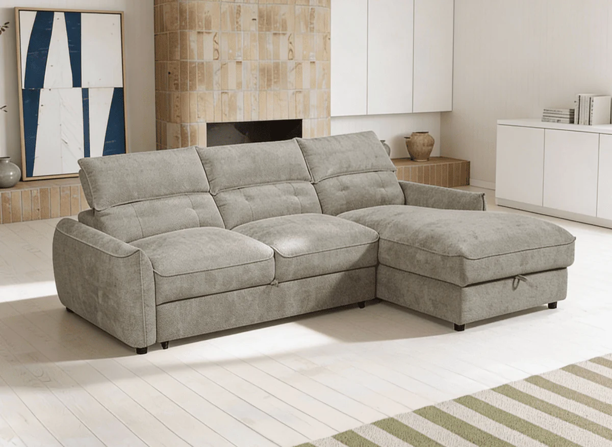 Canapé d'angle convertible avec coffre de rangement en velours chiné taupe SAMINA - Angle droit