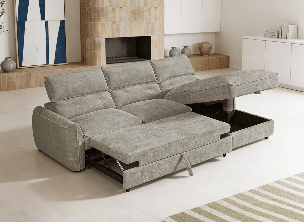 Canapé d'angle convertible avec coffre de rangement en velours chiné taupe SAMINA - Angle droit - Image 2