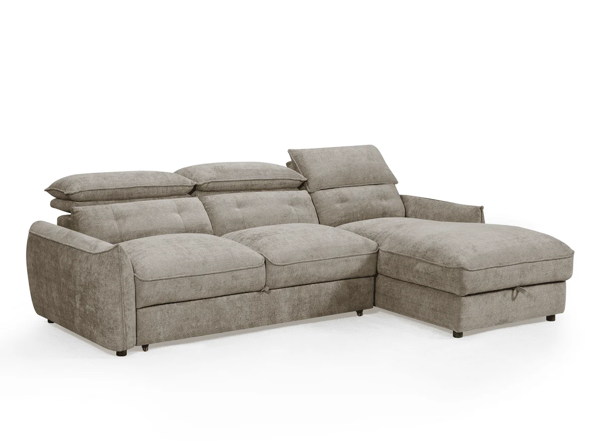 Canapé d'angle convertible avec coffre de rangement en velours chiné taupe SAMINA - Angle droit - Image 3