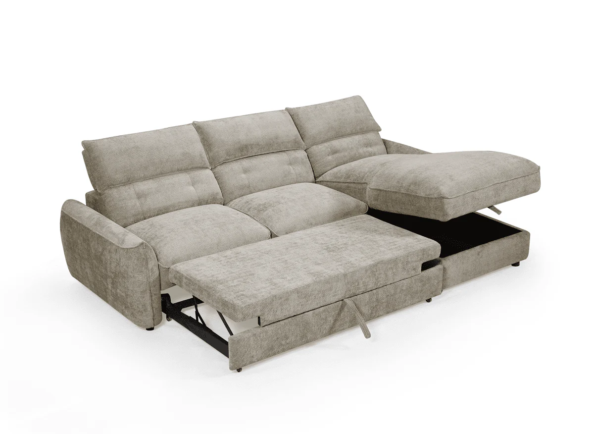 Canapé d'angle convertible avec coffre de rangement en velours chiné taupe SAMINA - Angle droit - Image 4