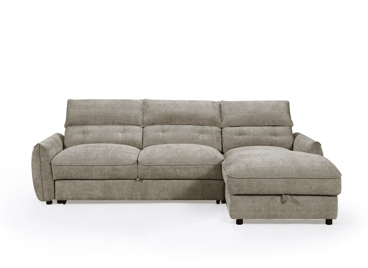 Canapé d'angle convertible avec coffre de rangement en velours chiné taupe SAMINA - Angle droit - Image 5