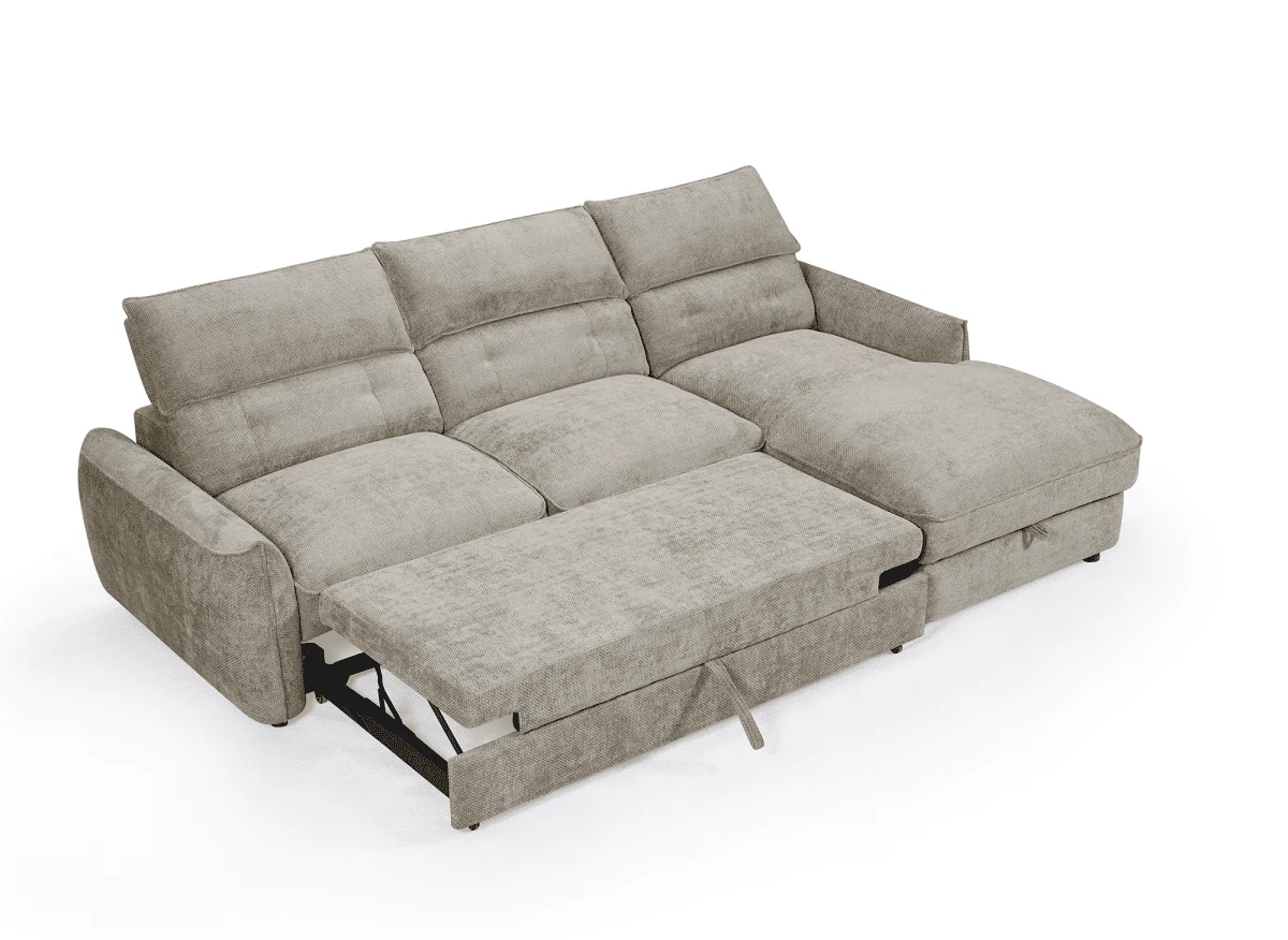 Canapé d'angle convertible avec coffre de rangement en velours chiné taupe SAMINA - Angle droit - Image 6