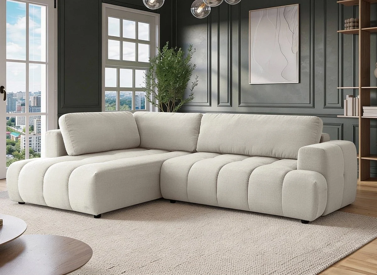 Canapé d'angle convertible avec coffre en tissu beige HAVEN - Angle gauche