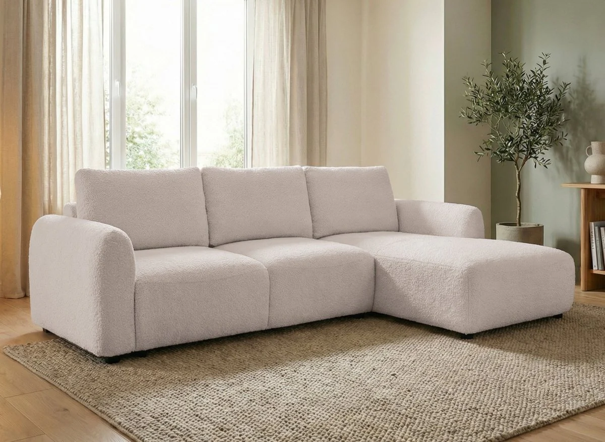 Canapé d'angle convertible avec coffre en tissu bouclette beige MARLA - Angle droit