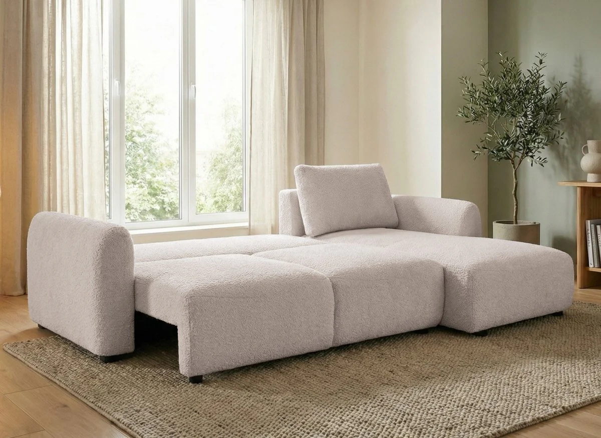 Canapé d'angle convertible avec coffre en tissu bouclette beige MARLA - Angle droit - Image 2