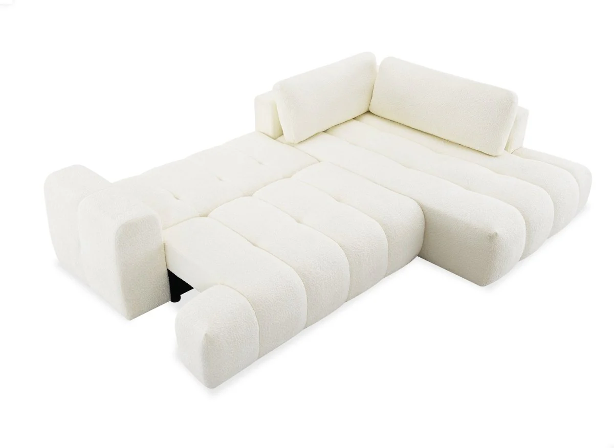 Canapé d'angle convertible avec coffre en tissu bouclette écru HAVEN - Angle droit - Image 4