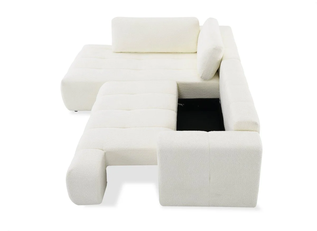 Canapé d'angle convertible avec coffre en tissu bouclette écru HAVEN - Angle gauche - Image 10