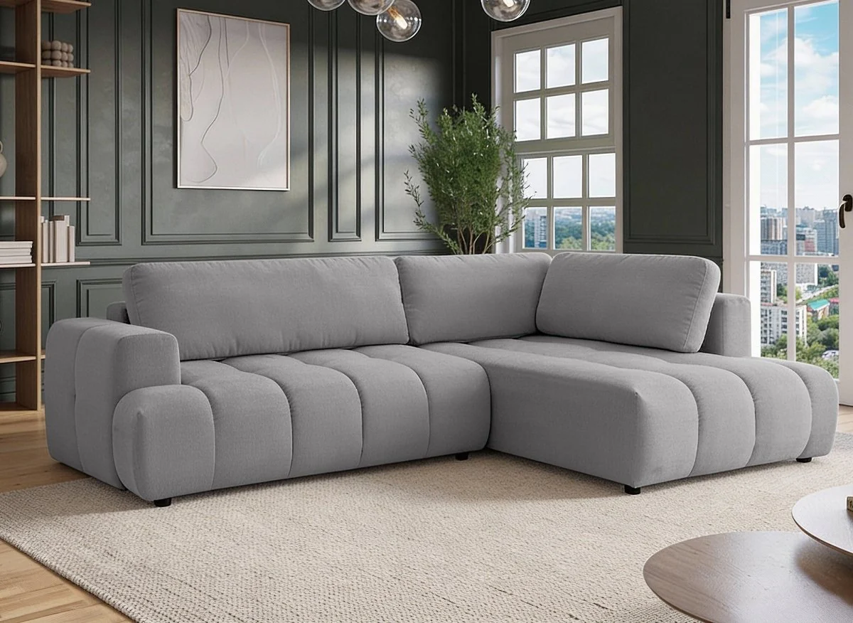 Canapé d'angle convertible avec coffre en tissu gris HAVEN - Angle droit
