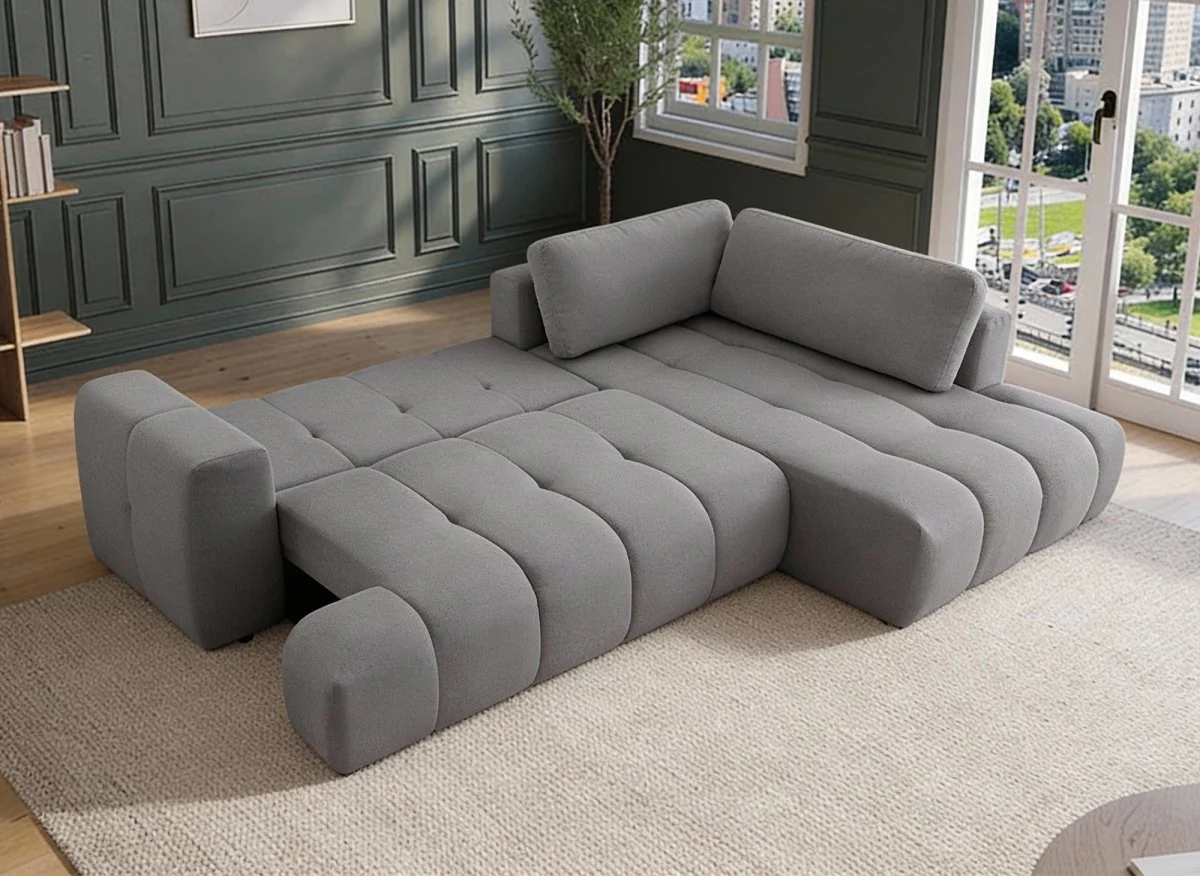 Canapé d'angle convertible avec coffre en tissu gris HAVEN - Angle droit - Image 2