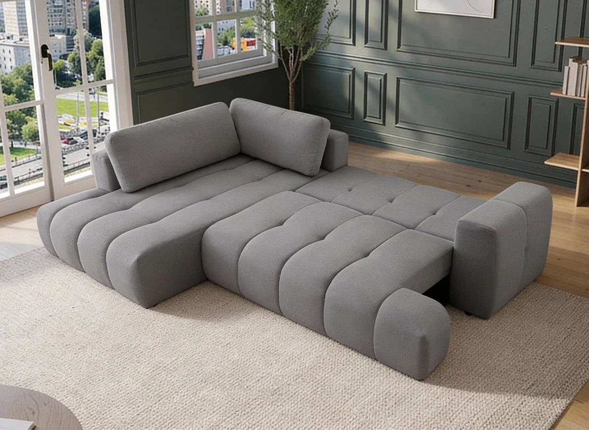Canapé d'angle convertible avec coffre en tissu gris HAVEN - Angle gauche - Image 2