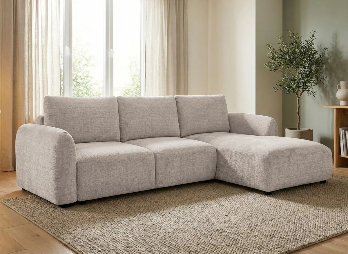 Canapé d'angle convertible avec coffre en velours chiné beige MARLA - Angle droit