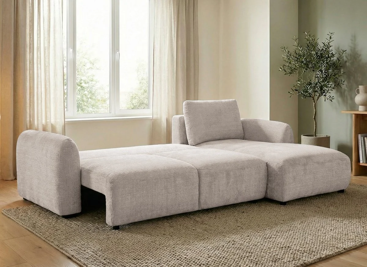 Canapé d'angle convertible avec coffre en velours chiné beige MARLA - Angle droit - Image 2