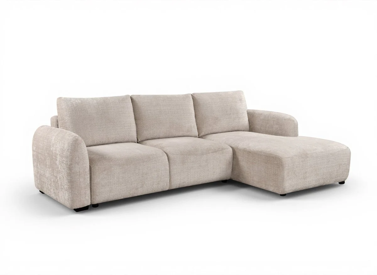 Canapé d'angle convertible avec coffre en velours chiné beige MARLA - Angle droit - Image 3