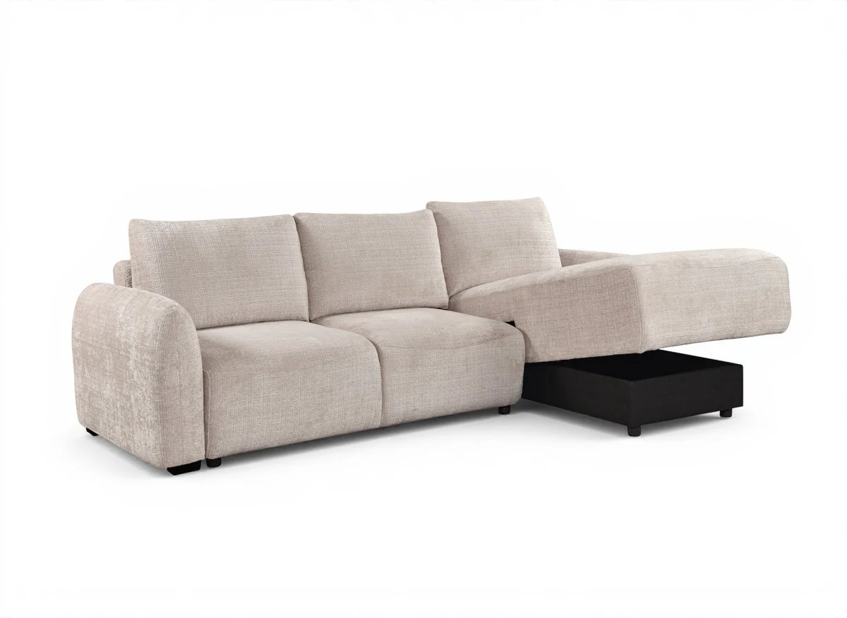 Canapé d'angle convertible avec coffre en velours chiné beige MARLA - Angle droit - Image 4