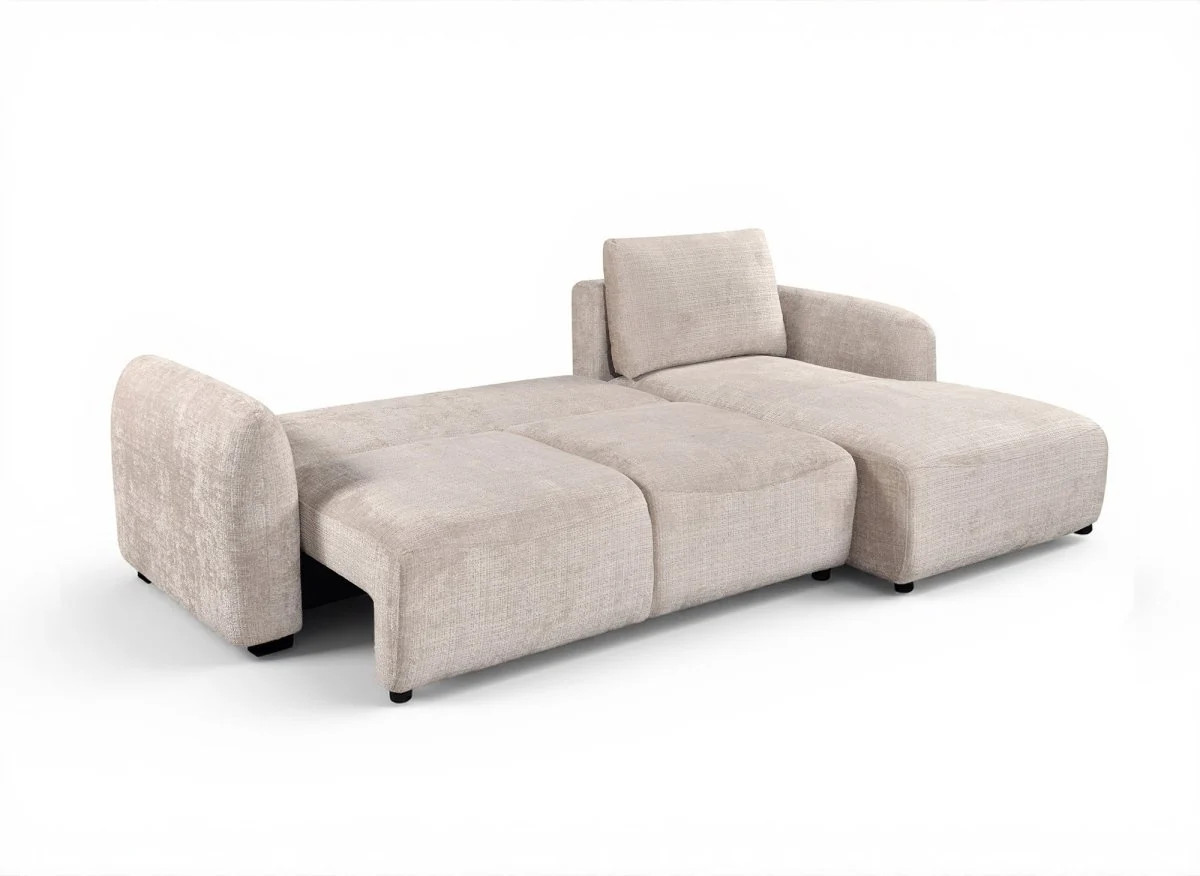 Canapé d'angle convertible avec coffre en velours chiné beige MARLA - Angle droit - Image 5