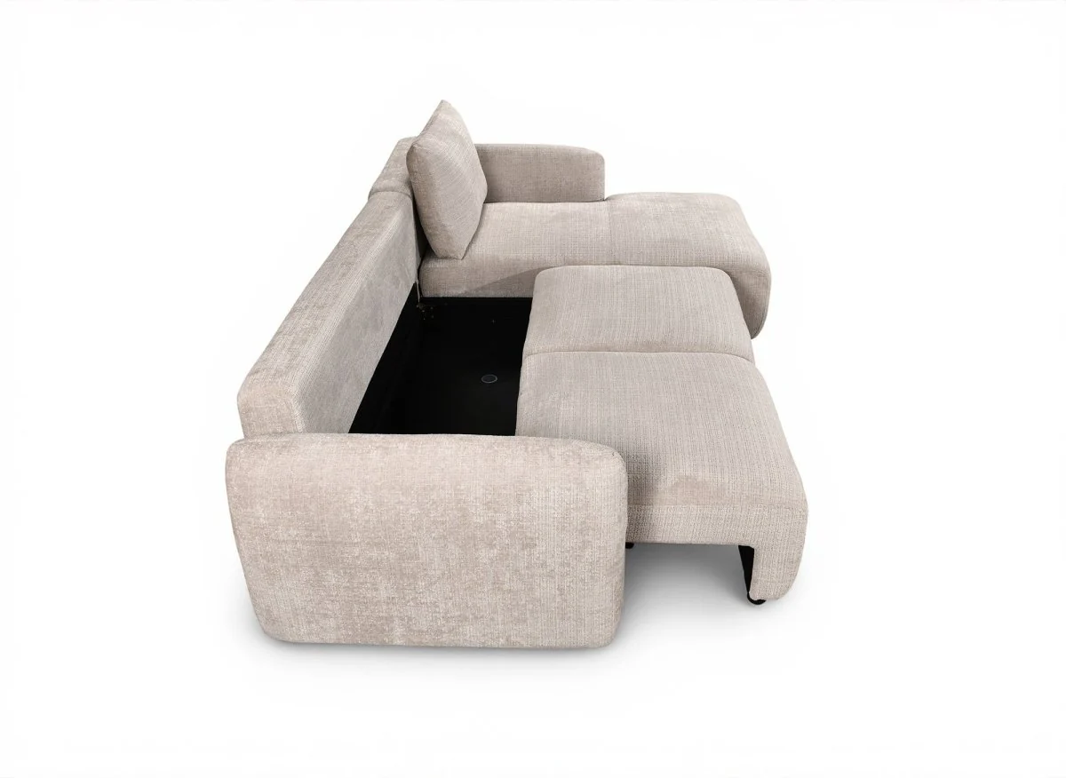 Canapé d'angle convertible avec coffre en velours chiné beige MARLA - Angle droit - Image 6