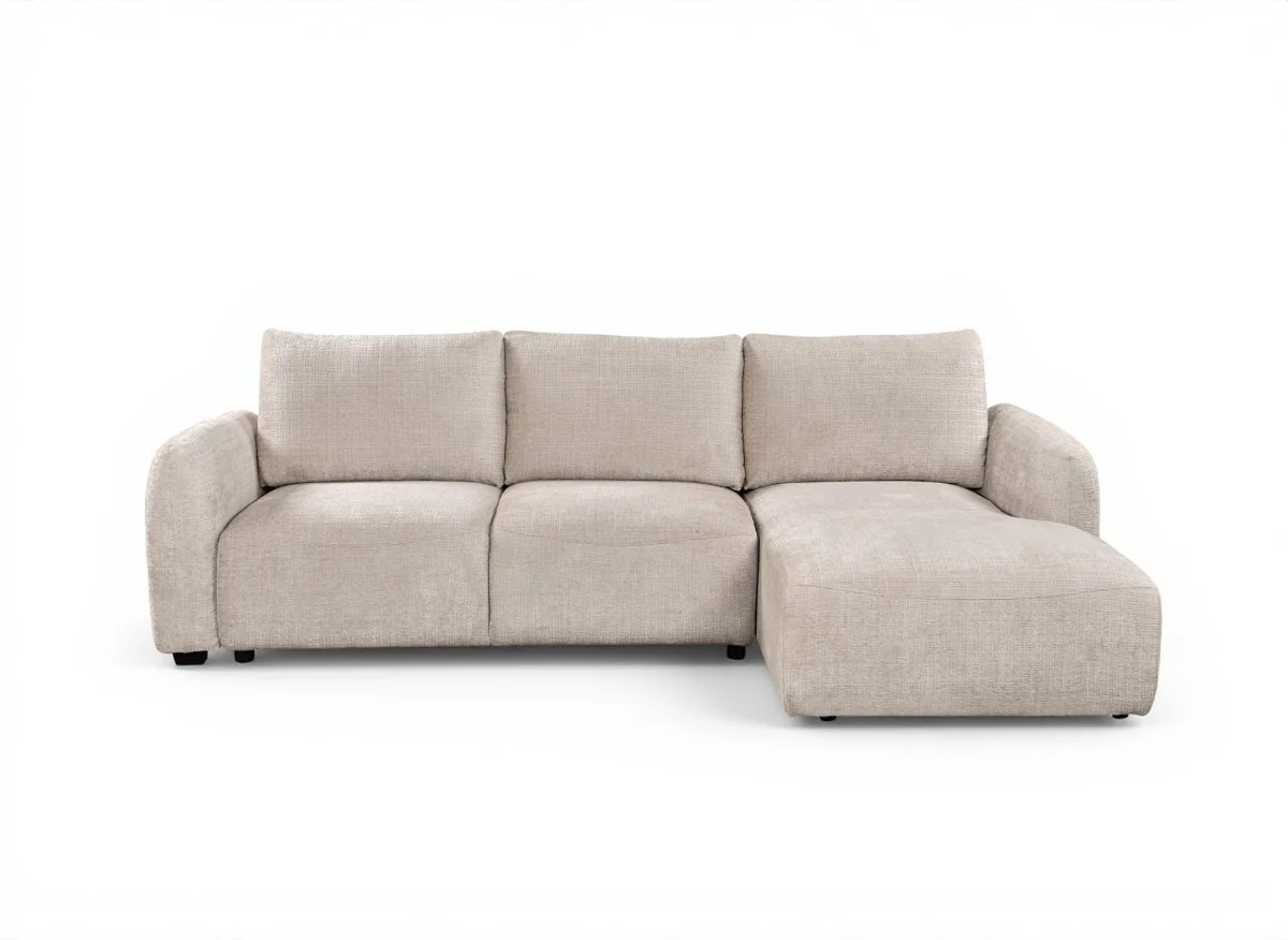 Canapé d'angle convertible avec coffre en velours chiné beige MARLA - Angle droit - Image 7