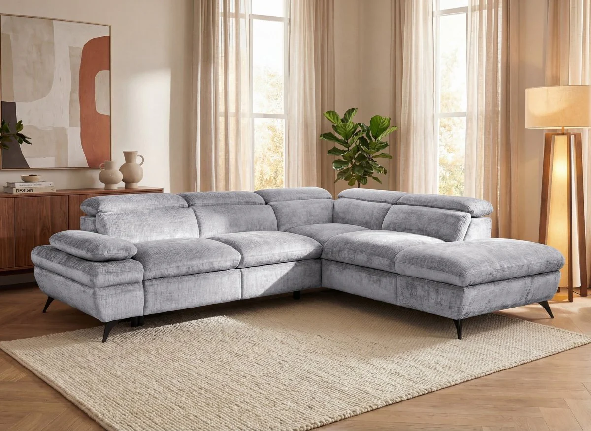 Canapé d'angle convertible avec coffre en velours chiné gris LUFY - Angle droit