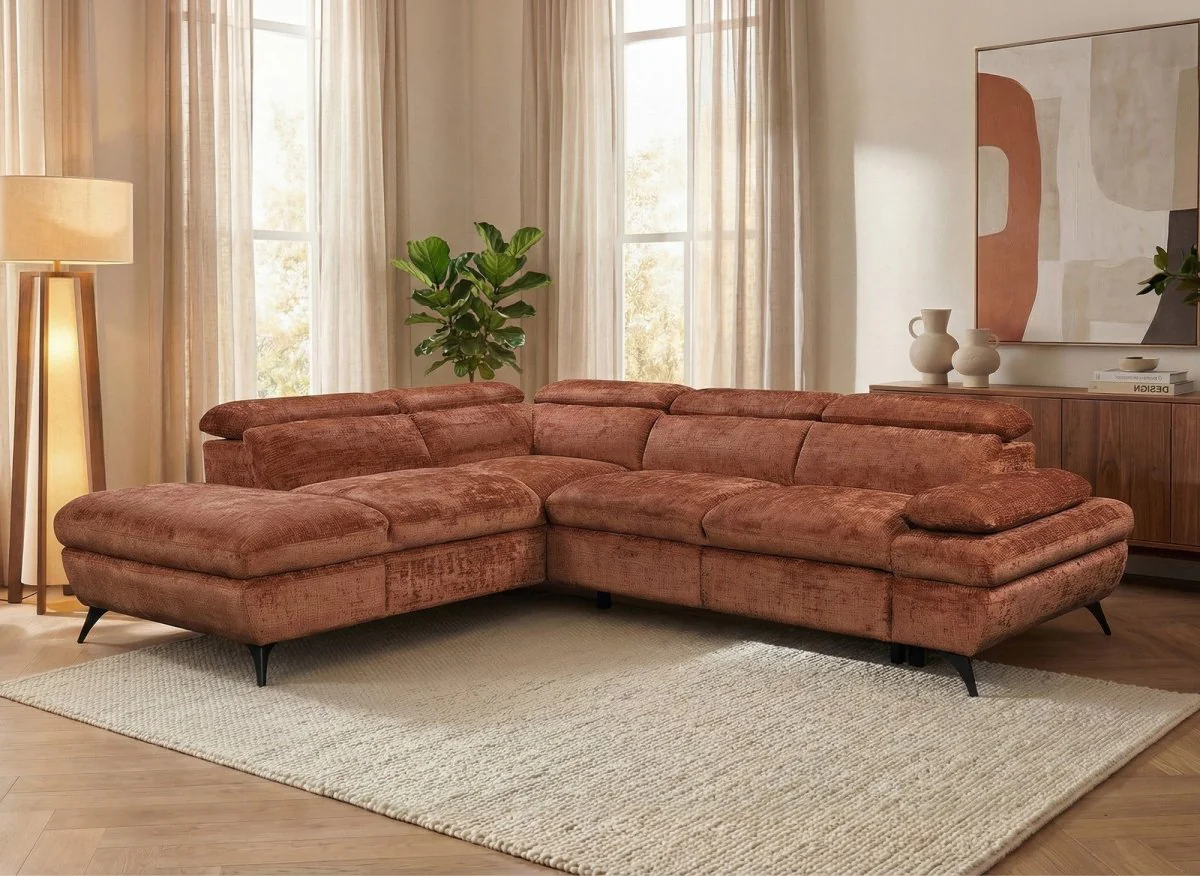 Canapé d'angle convertible avec coffre en velours chiné terracotta LUFY - Angle gauche