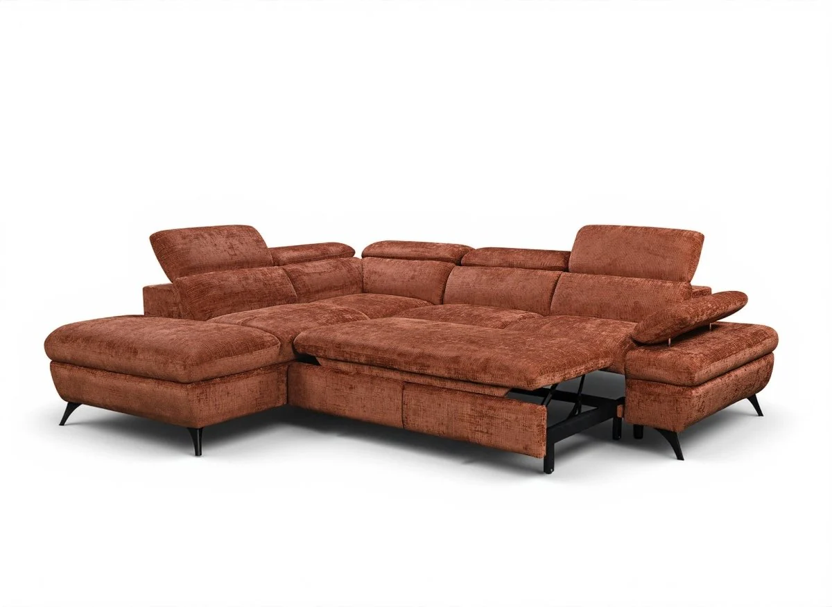 Canapé d'angle convertible avec coffre en velours chiné terracotta LUFY - Angle gauche - Image 5