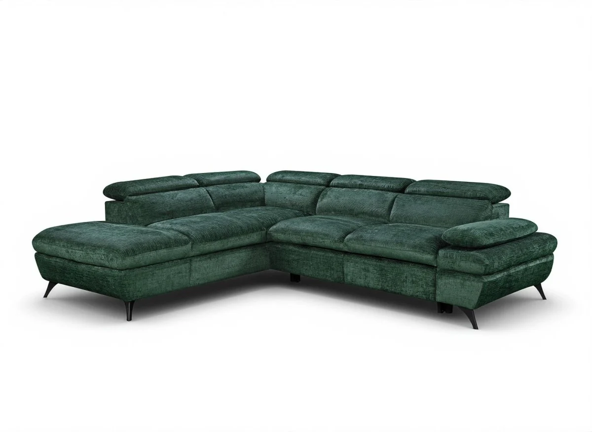 Canapé d'angle convertible avec coffre en velours chiné vert LUFY - Angle gauche - Image 3