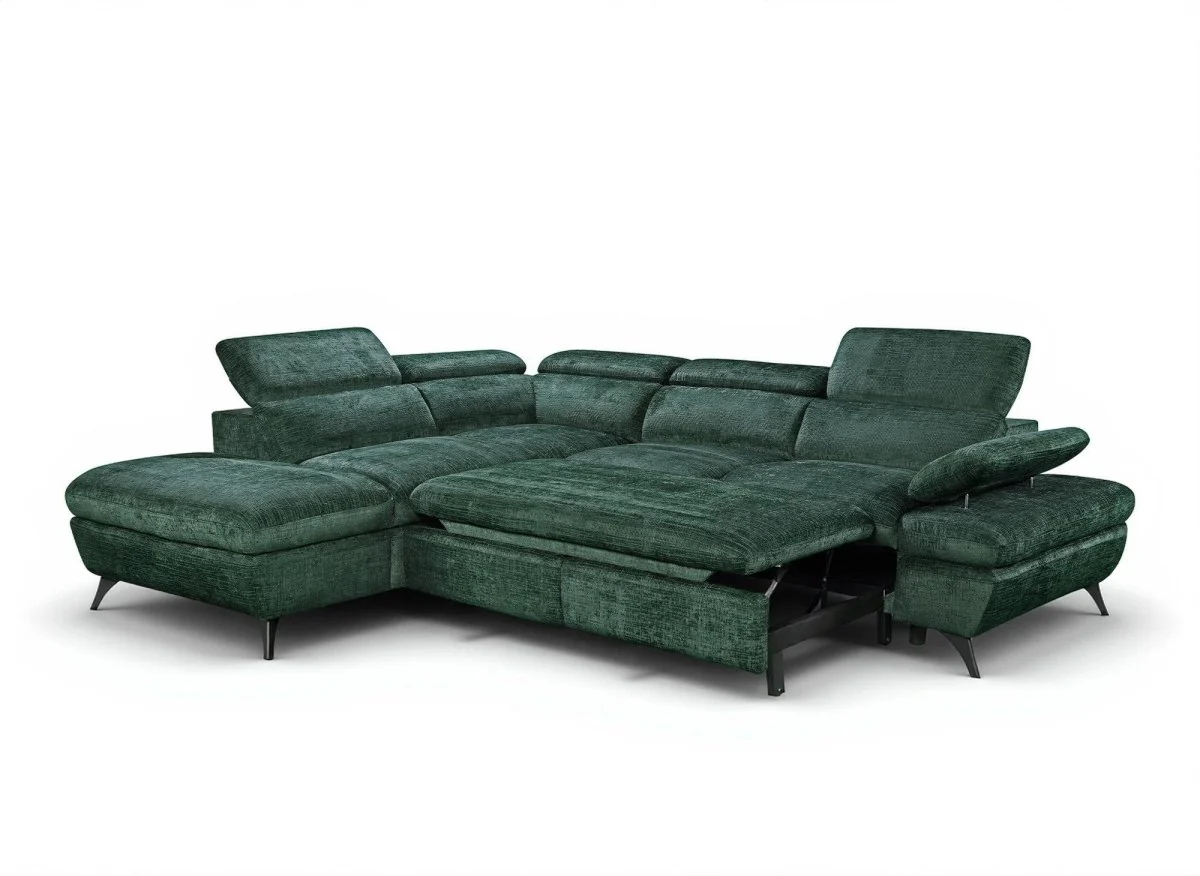 Canapé d'angle convertible avec coffre en velours chiné vert LUFY - Angle gauche - Image 5