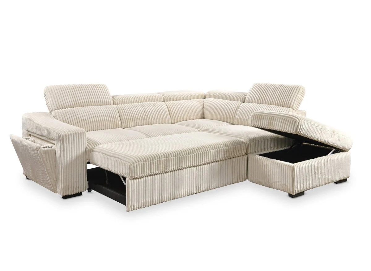 Canapé d'angle convertible avec coffre en velours côtelé beige MARTY - Angle droit - Image 6