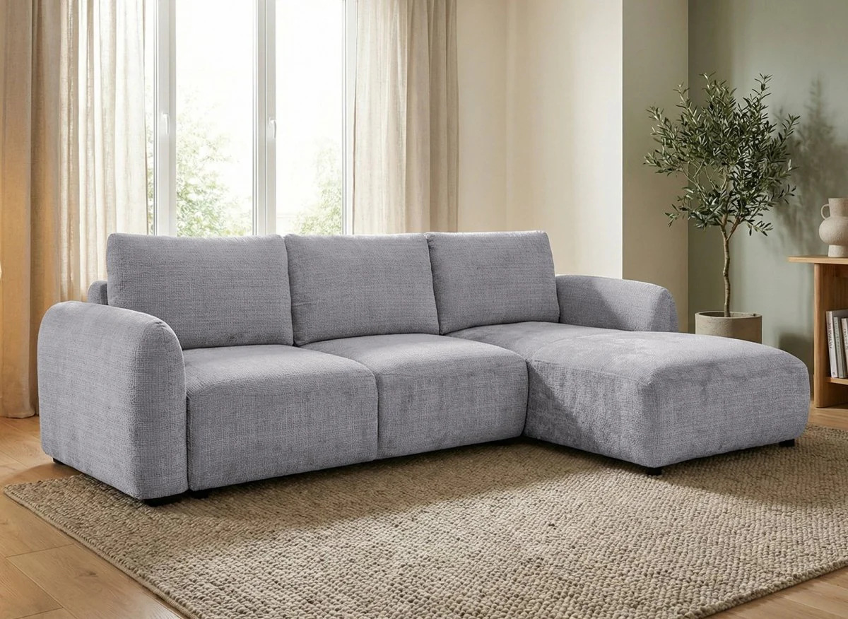 Canapé d'angle convertible avec coffre en velours chiné gris MARLA - Angle droit
