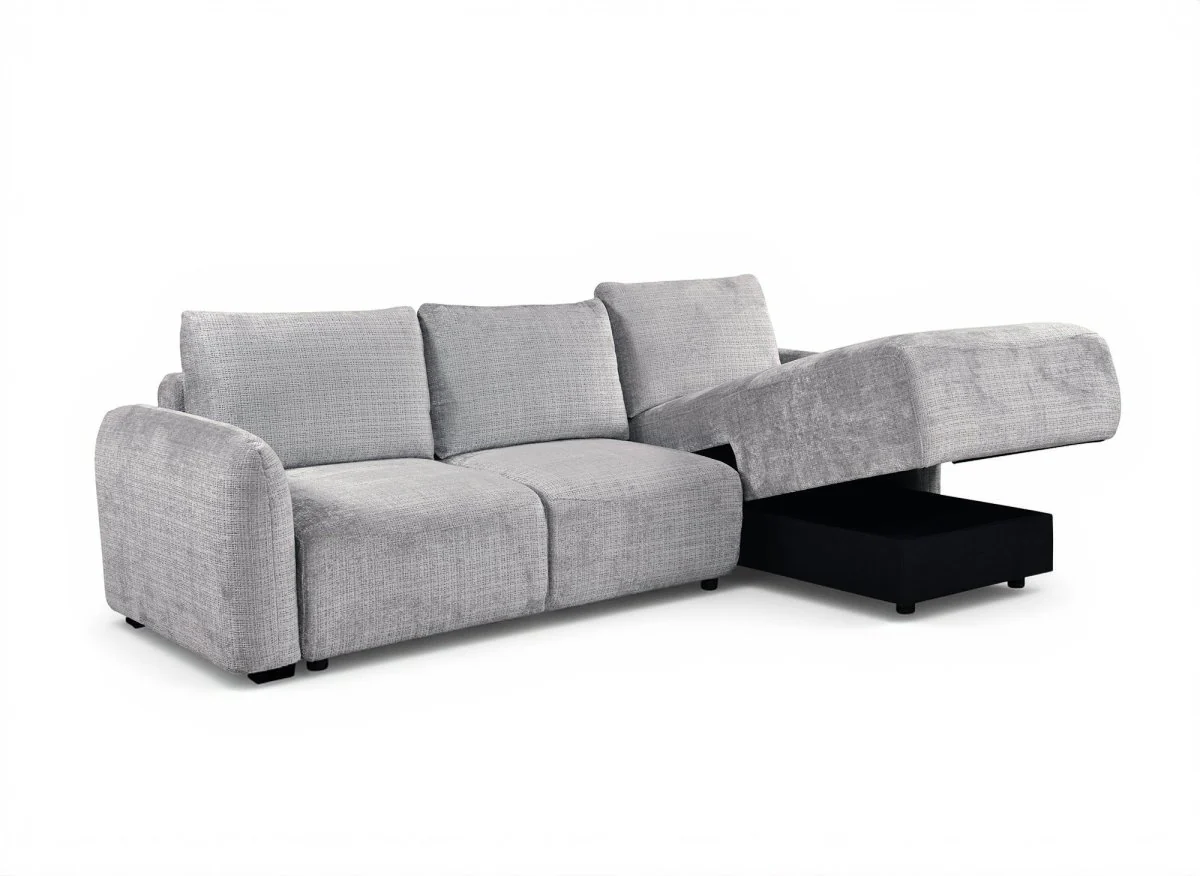 Canapé d'angle convertible avec coffre en velours chiné gris MARLA - Angle droit - Image 4
