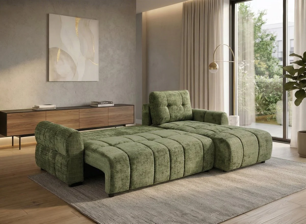 Canapé d'angle convertible avec coffre en velours chiné vert olive MAHLONE - Angle droit - Image 2