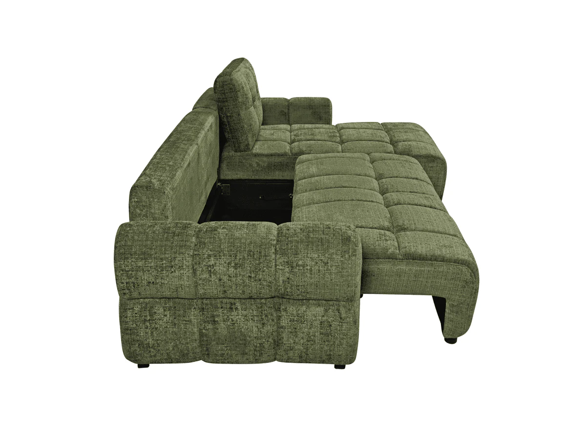 Canapé d'angle convertible avec coffre en velours chiné vert olive MAHLONE - Angle droit - Image 6
