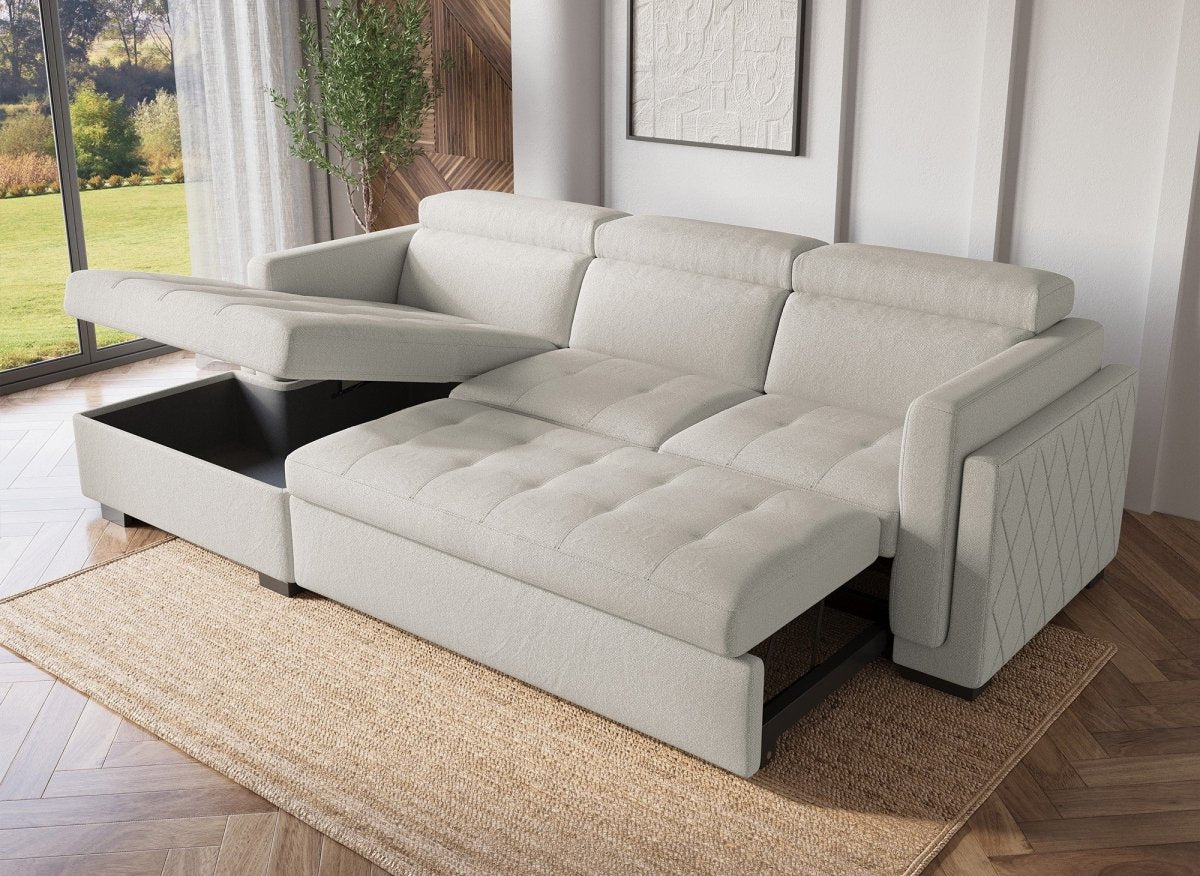 Canapé d'angle convertible en tissu beige CHANDLER - Angle gauche - Image 2