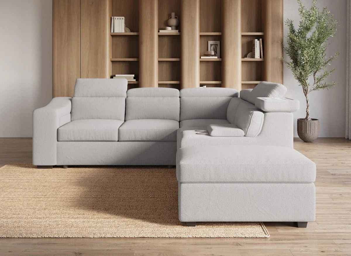 Canapé d'angle convertible en tissu beige DEREK XL - Angle droit - Image 4