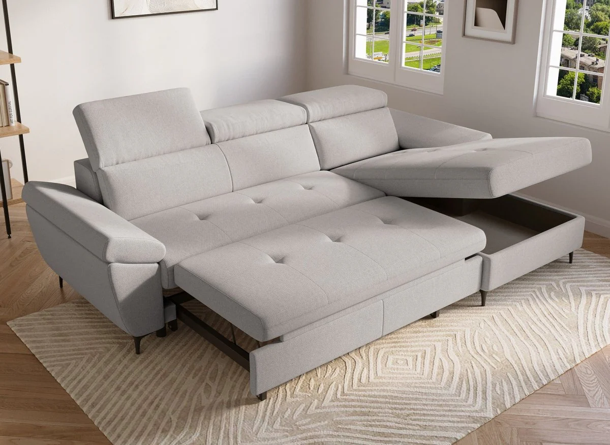 Canapé d'angle convertible en tissu beige MONICA - Angle droit - Image 2