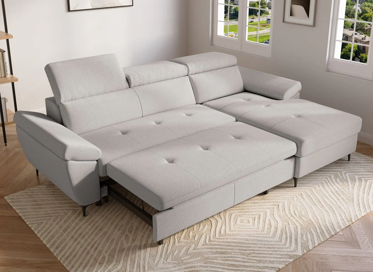 Canapé d'angle convertible en tissu beige MONICA - Angle droit - Image 3