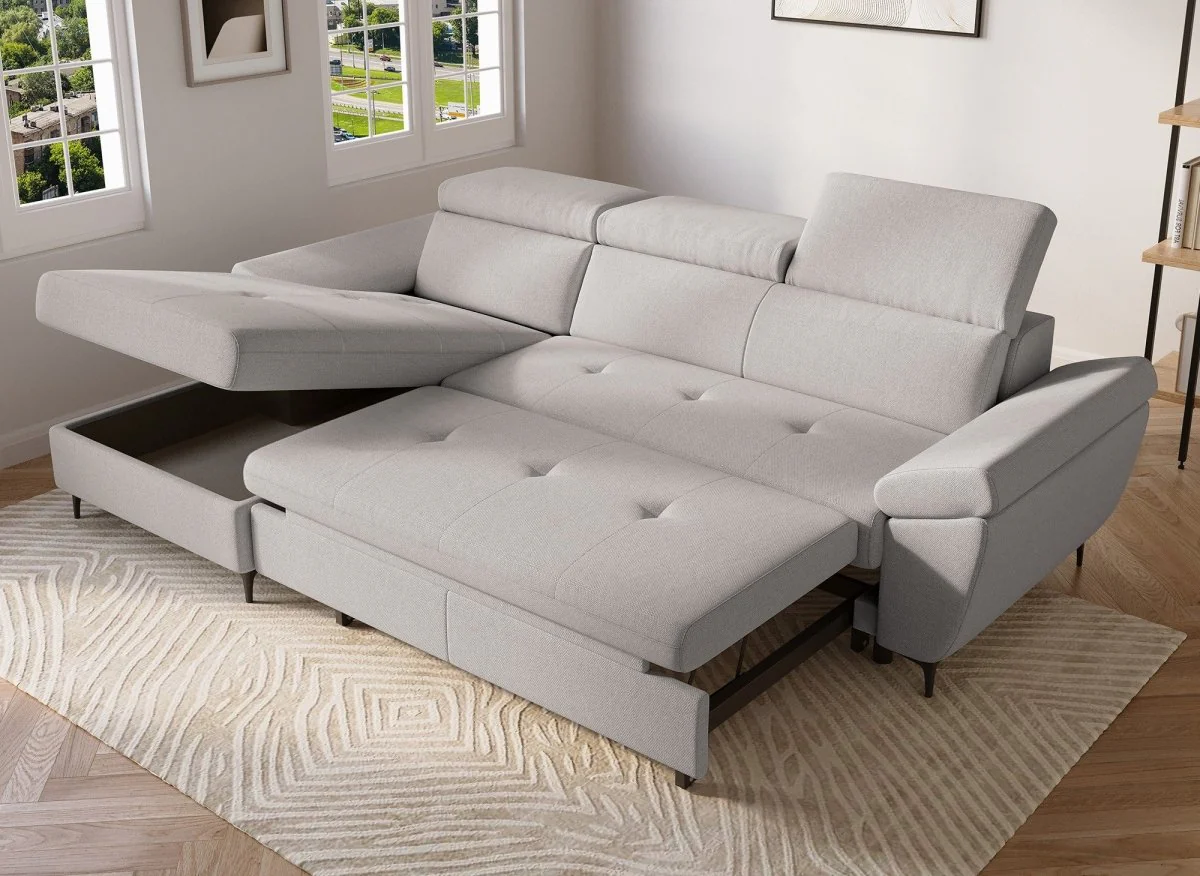 Canapé d'angle convertible en tissu beige MONICA - Angle gauche - Image 2
