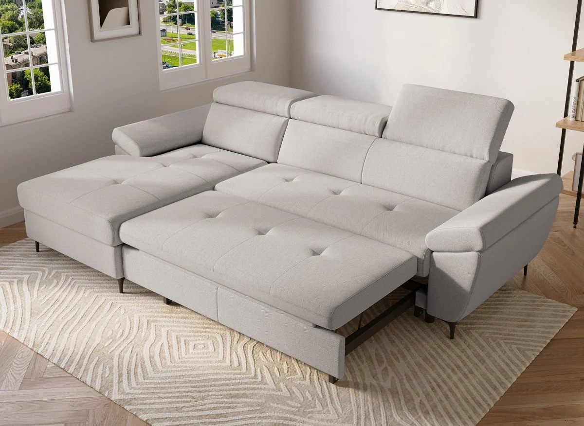 Canapé d'angle convertible en tissu beige MONICA - Angle gauche - Image 3