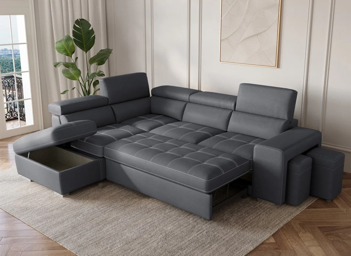 Canapé d'angle convertible en tissu gris DAVON - angle gauche - Image 2