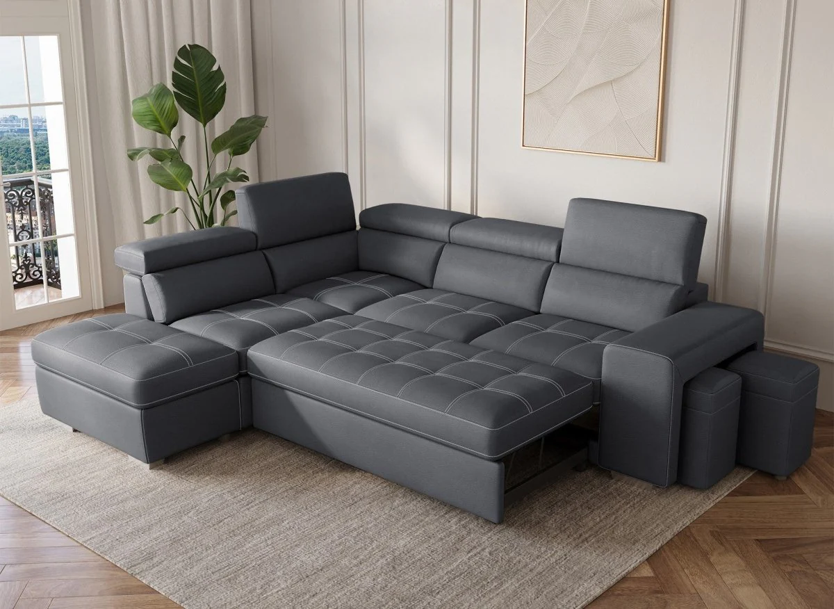 Canapé d'angle convertible en tissu gris DAVON - angle gauche - Image 3