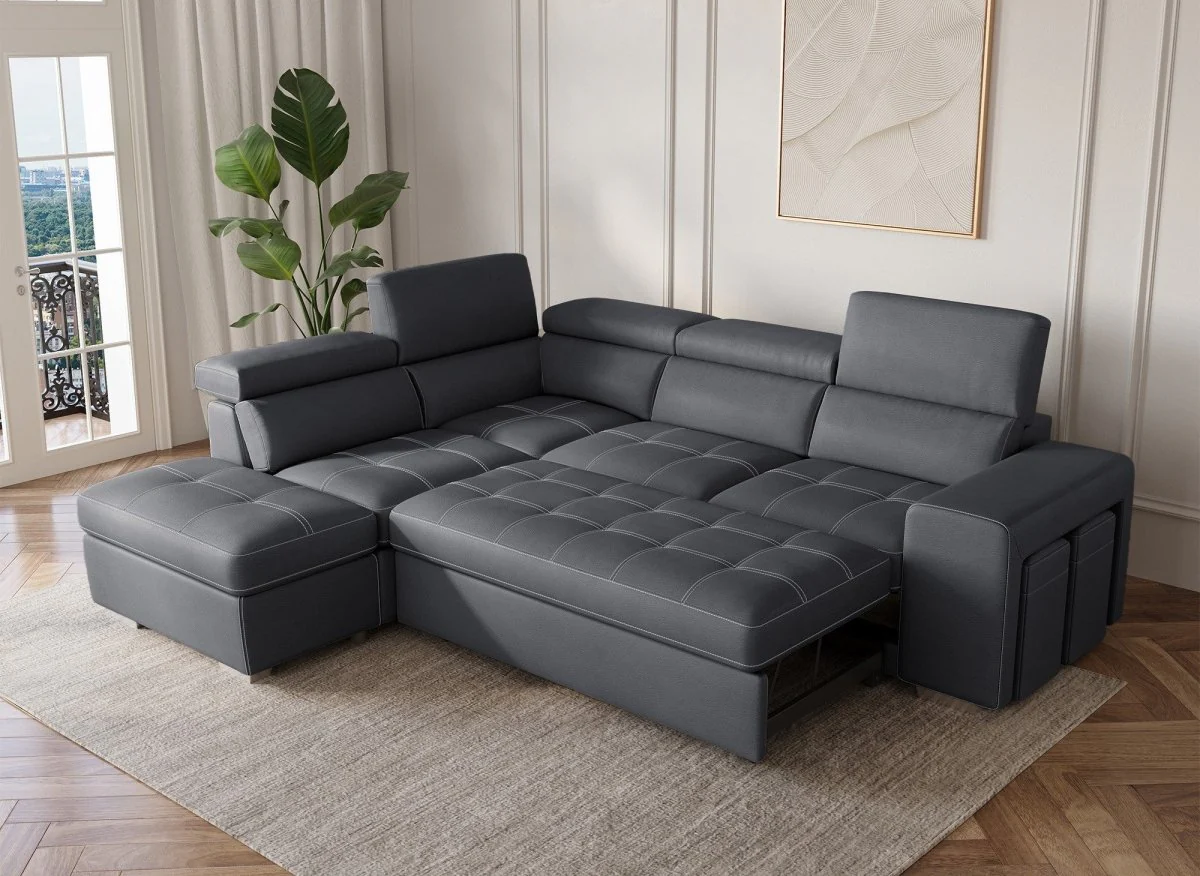 Canapé d'angle convertible en tissu gris DAVON - angle gauche - Image 5
