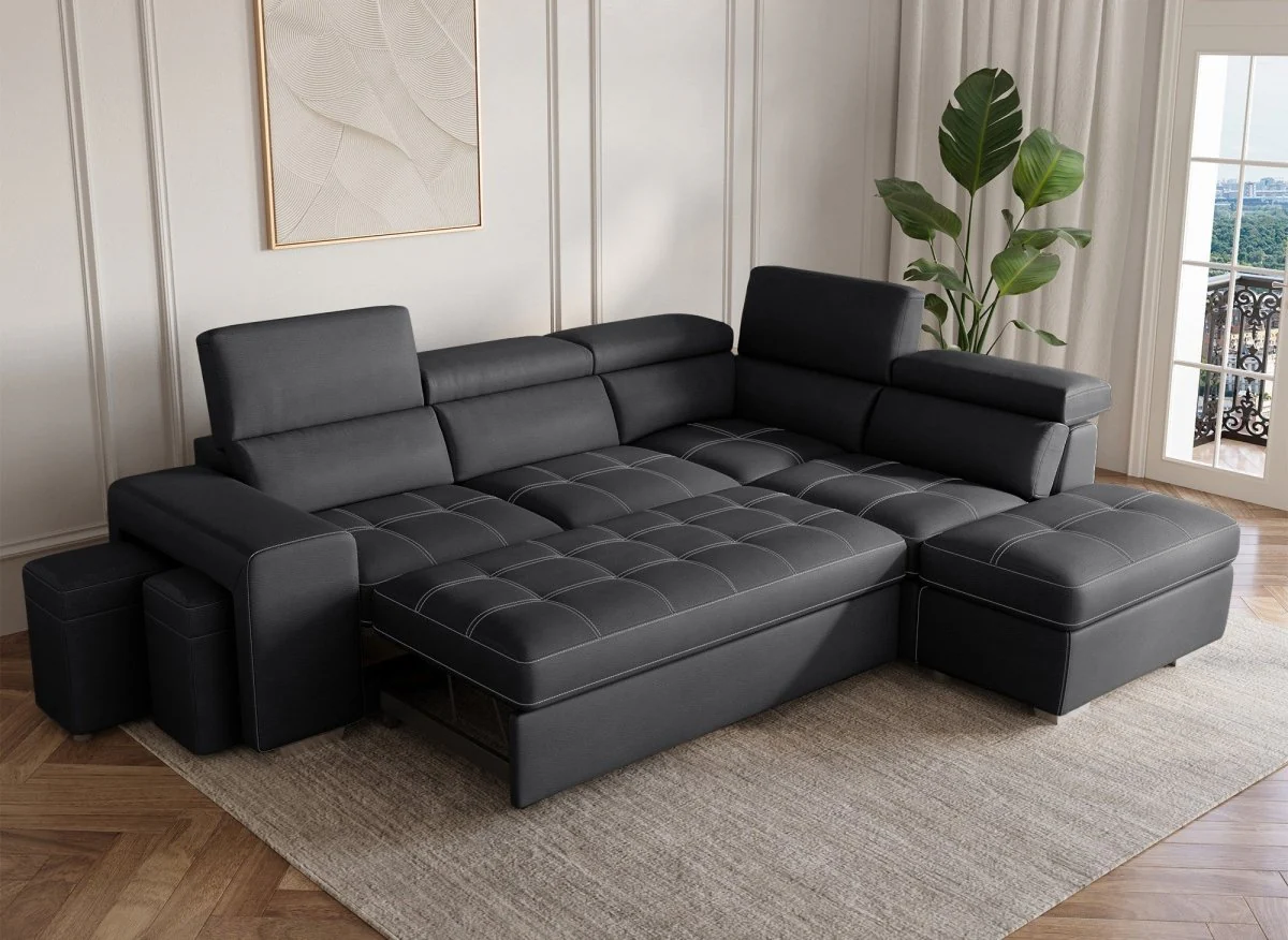 Canapé d'angle convertible en tissu noir DAVON - angle droit - Image 3