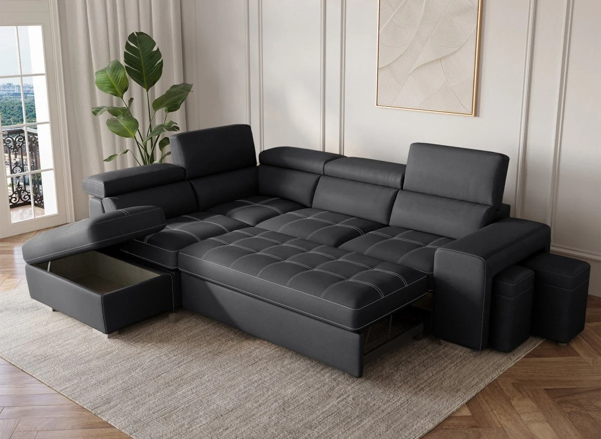 Canapé d'angle convertible en tissu noir DAVON - angle gauche - Image 2