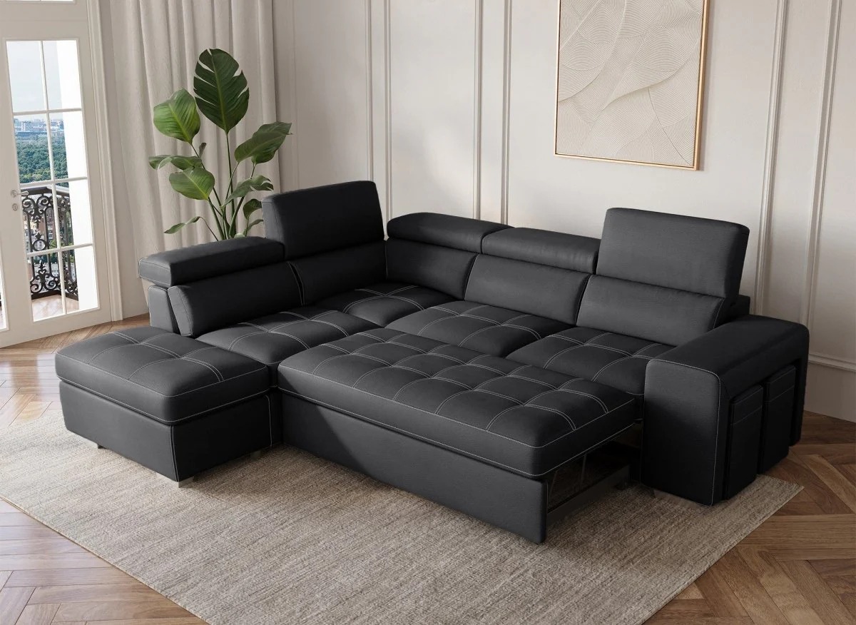 Canapé d'angle convertible en tissu noir DAVON - angle gauche - Image 5