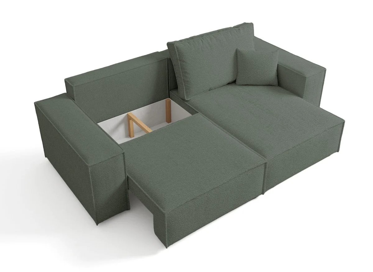 Canapé d'angle convertible et réversible avec coffre en tissu bouclette vert kaki JADE MINI - Image 5