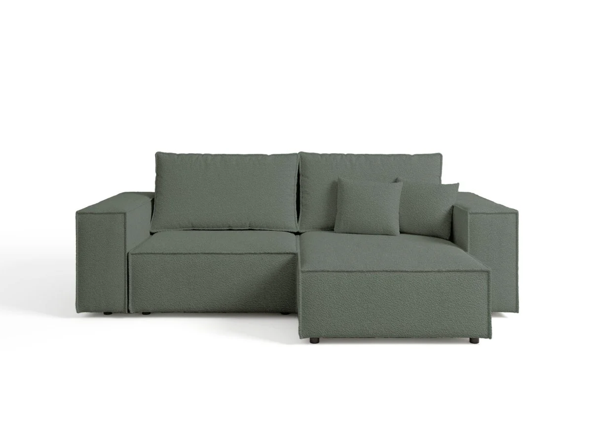 Canapé d'angle convertible et réversible avec coffre en tissu bouclette vert kaki JADE MINI - Image 7