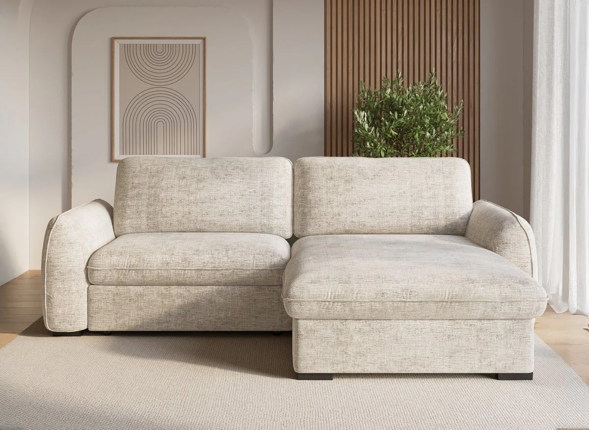 Canapé d'angle convertible et réversible avec coffre en velours chiné beige LIORA - Image 4
