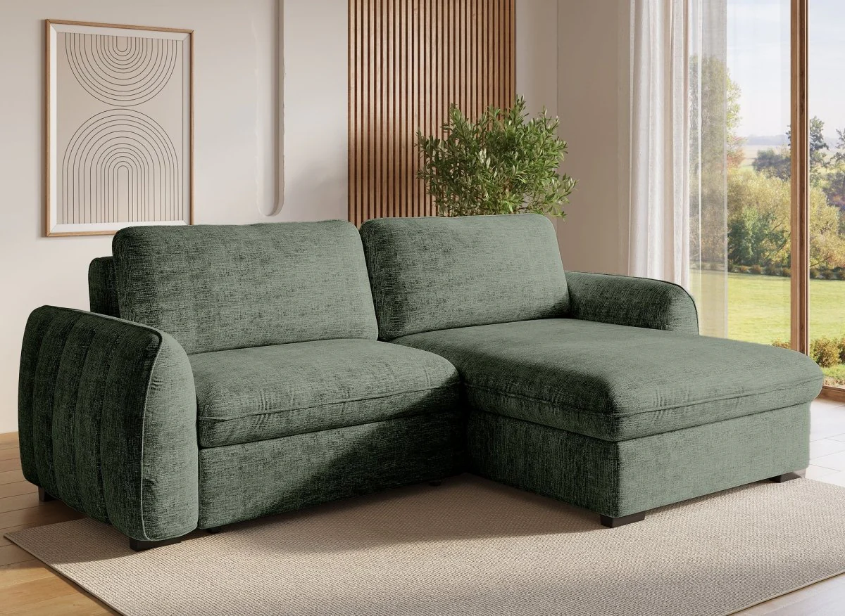 Canapé d'angle convertible et réversible avec coffre en velours chiné vert kaki LIORA